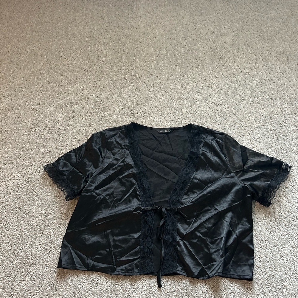 Black lacy tie front silk top
